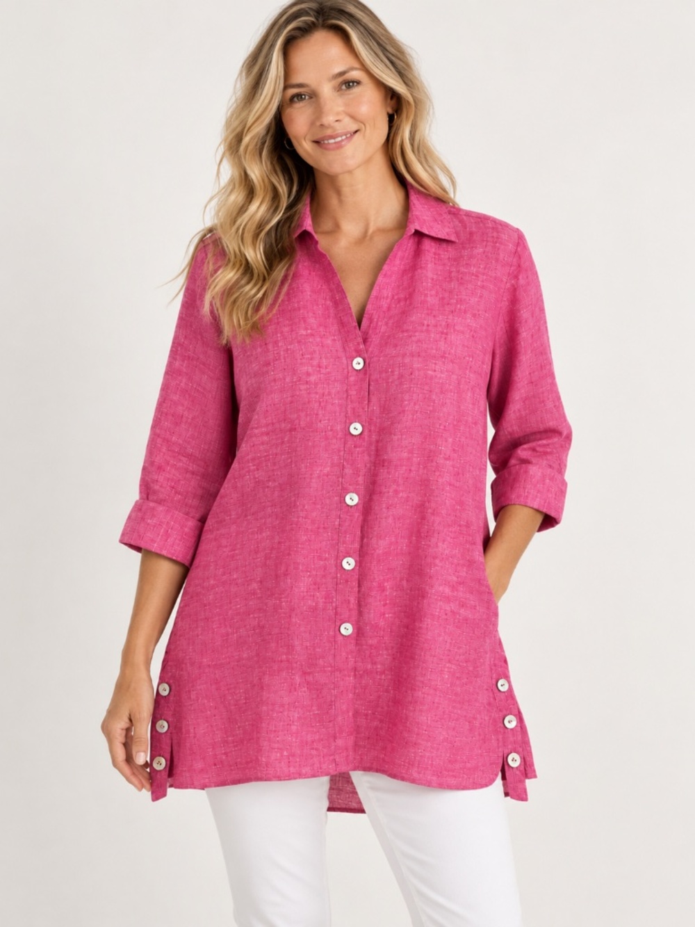 100% LINEN Foxcroft button down shirt/tunic 14 mother of pearl buttons pink work